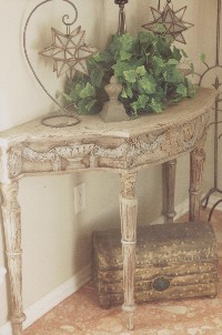 Layered, distressed, and glazed table